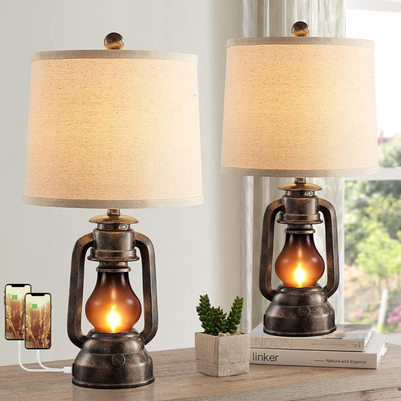 Breakwater Bay Farmhouse Lantern Table Lamps For Living Room Set Of 2 Vintage Bedroom Resin Lamp With Dual USB Charging Ports Rustic Retro Bedside Nightstand Desk Lamp Linen Fabric Shade 4 Bulb